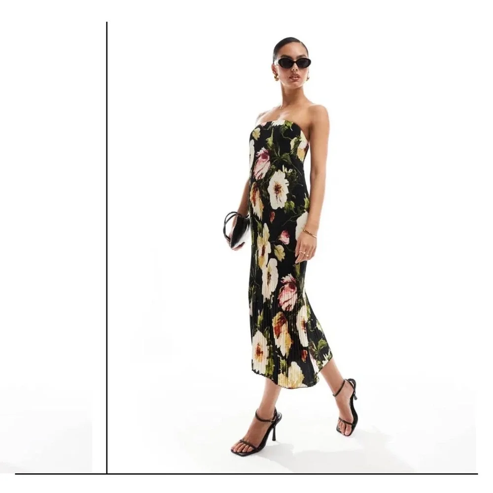 Abercrombie & Fitch Strapless Maxi Dress Womens XL Black Floral Dark Romantic
